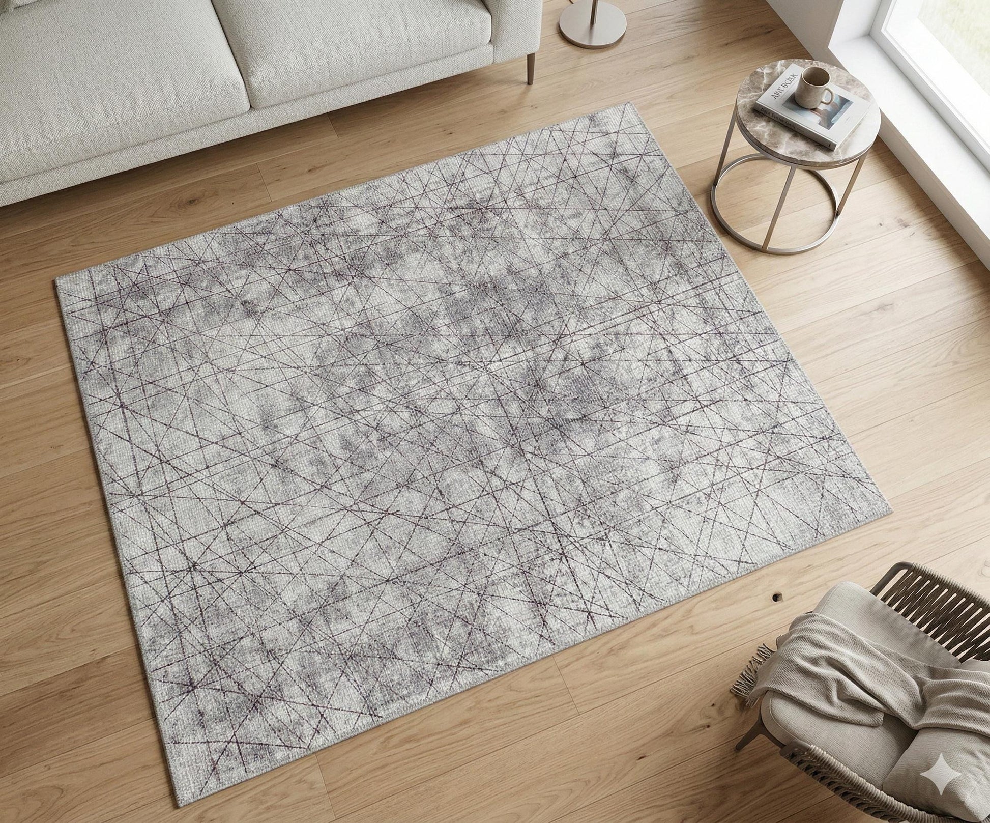 Abstract Line Area Rug, Minimalist Gray Geometric Carpet, Scandinavian Living Room Floor Rug