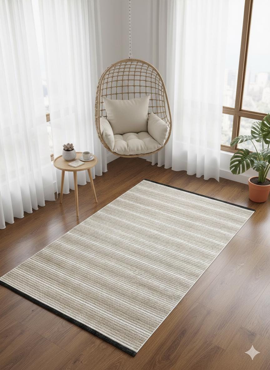 Modern Cream Striped Area Rug – washable Contemporary Floor Carpet for Living Room & Office