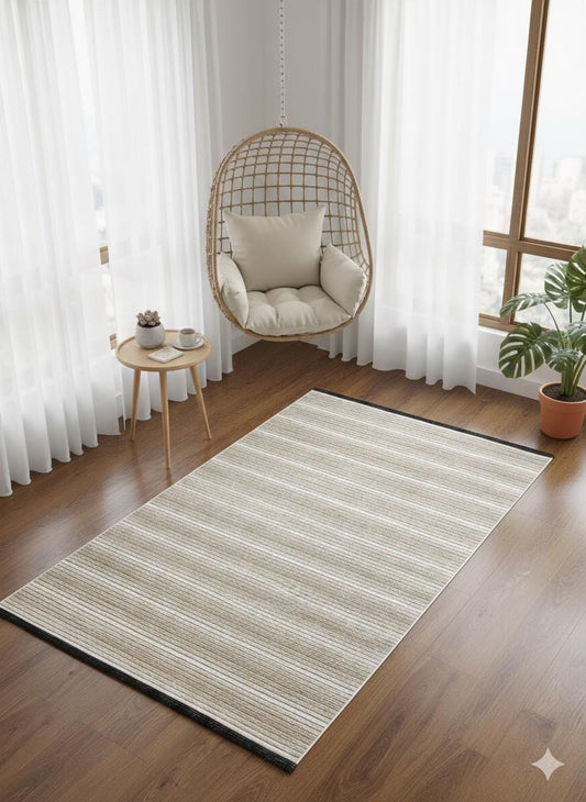 Modern Cream Striped Area Rug – washable Contemporary Floor Carpet for Living Room & Office