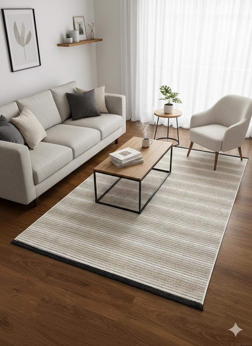Modern Cream Striped Area Rug – washable Contemporary Floor Carpet for Living Room & Office