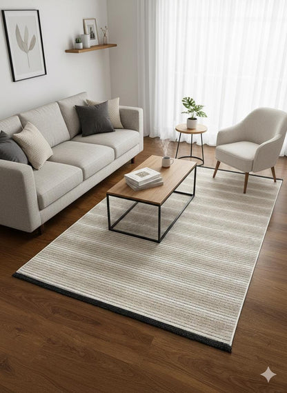 Modern Cream Striped Area Rug – washable Contemporary Floor Carpet for Living Room & Office