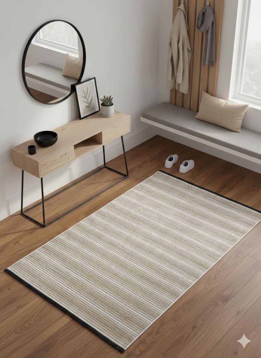 Modern Cream Striped Area Rug – washable Contemporary Floor Carpet for Living Room & Office