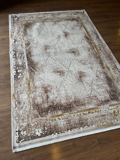 Distressed Oriental Area Rug – Beige Medallion Carpet, Turkish Boho Style