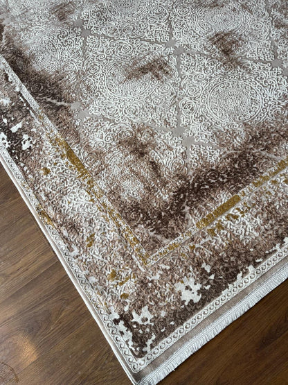 Distressed Oriental Area Rug – Beige Medallion Carpet, Turkish Boho Style