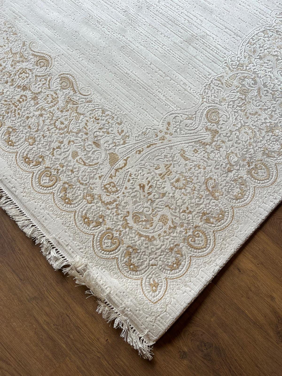 Cream Turkish Area Rug – Ornate Paisley Border, Traditional French Country Carpet