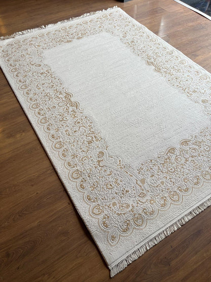 Cream Turkish Area Rug – Ornate Paisley Border, Traditional French Country Carpet
