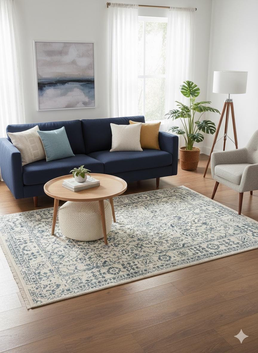 Distressed Blue Persian Style Area Rug – Boho Floral Carpet, 160x230cm
