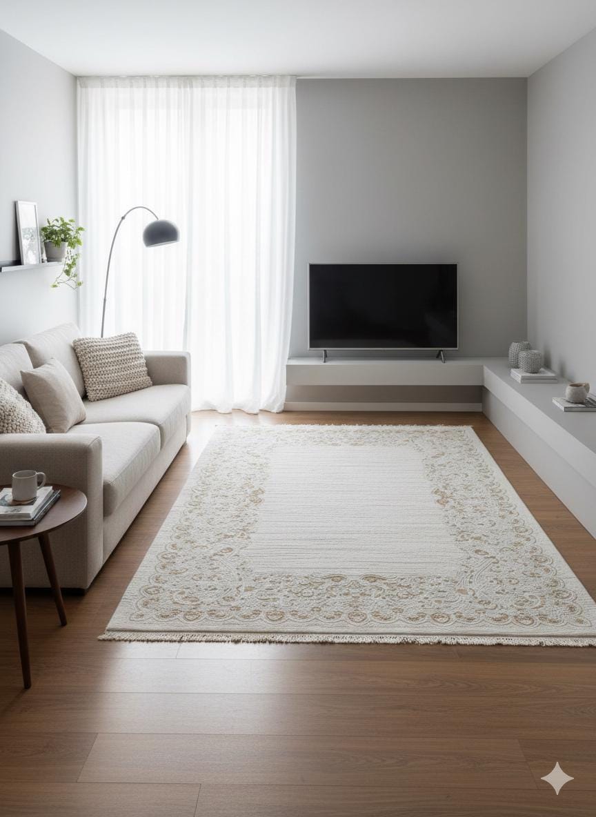 Cream Turkish Area Rug – Ornate Paisley Border, Traditional French Country Carpet