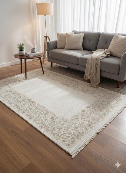 Cream Turkish Area Rug – Ornate Paisley Border, Traditional French Country Carpet