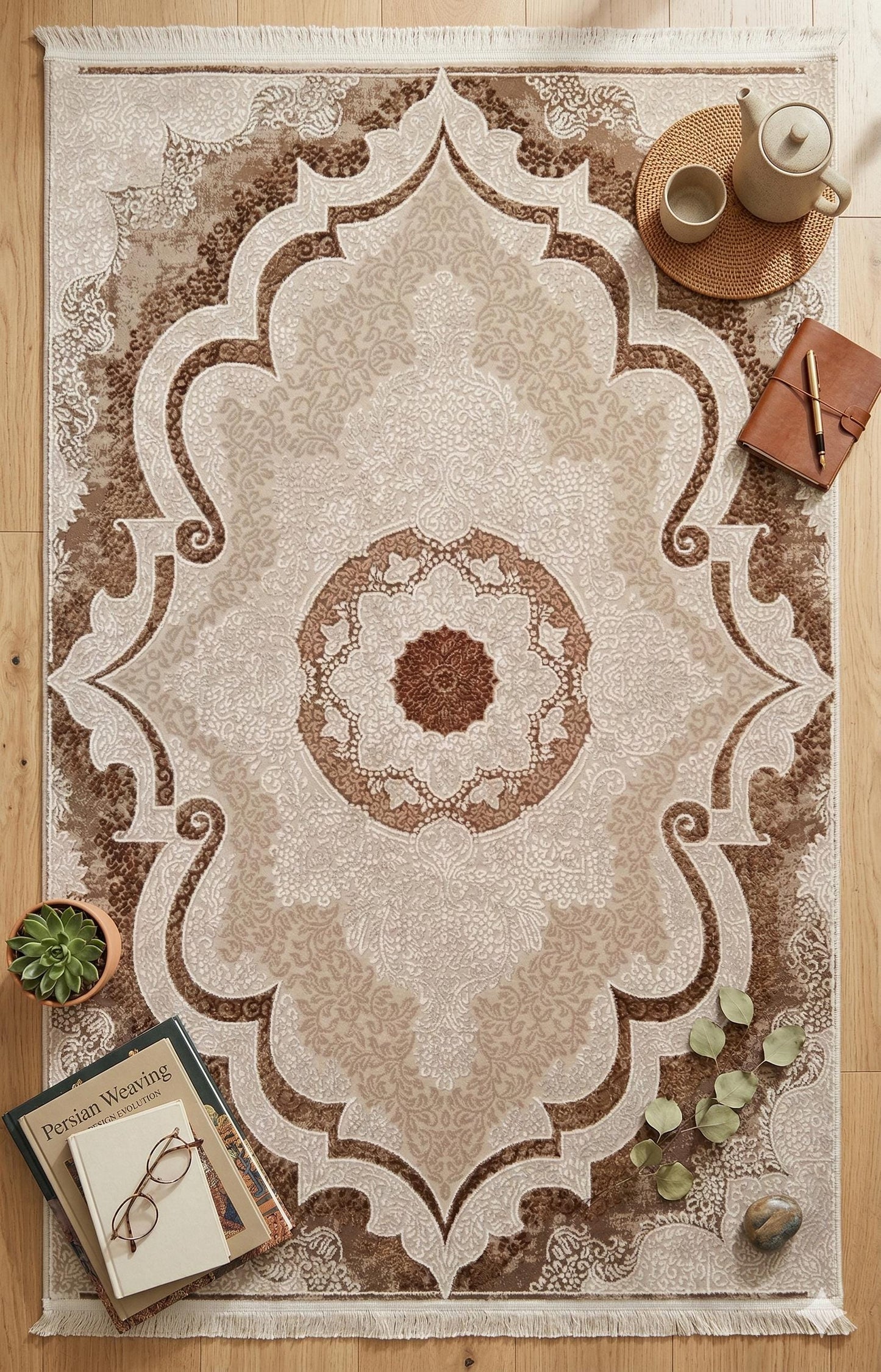 Beige Medallion Area Rug – Traditional Oriental Style Carpet (160x230 cm)
