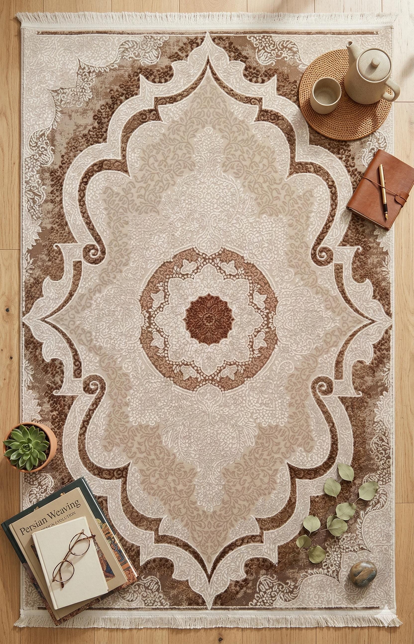 Beige Medallion Area Rug – Traditional Oriental Style Carpet (160x230 cm)