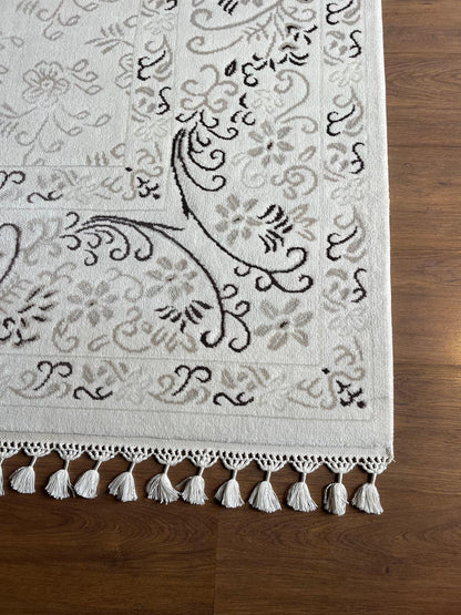 Cream Floral Area Rug with Tassels, Boho Neutral Living Room, Vintage Farmhouse Bedroom Rug