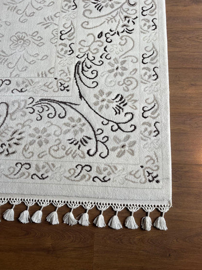 Cream Floral Area Rug with Tassels, Boho Neutral Living Room, Vintage Farmhouse Bedroom Rug