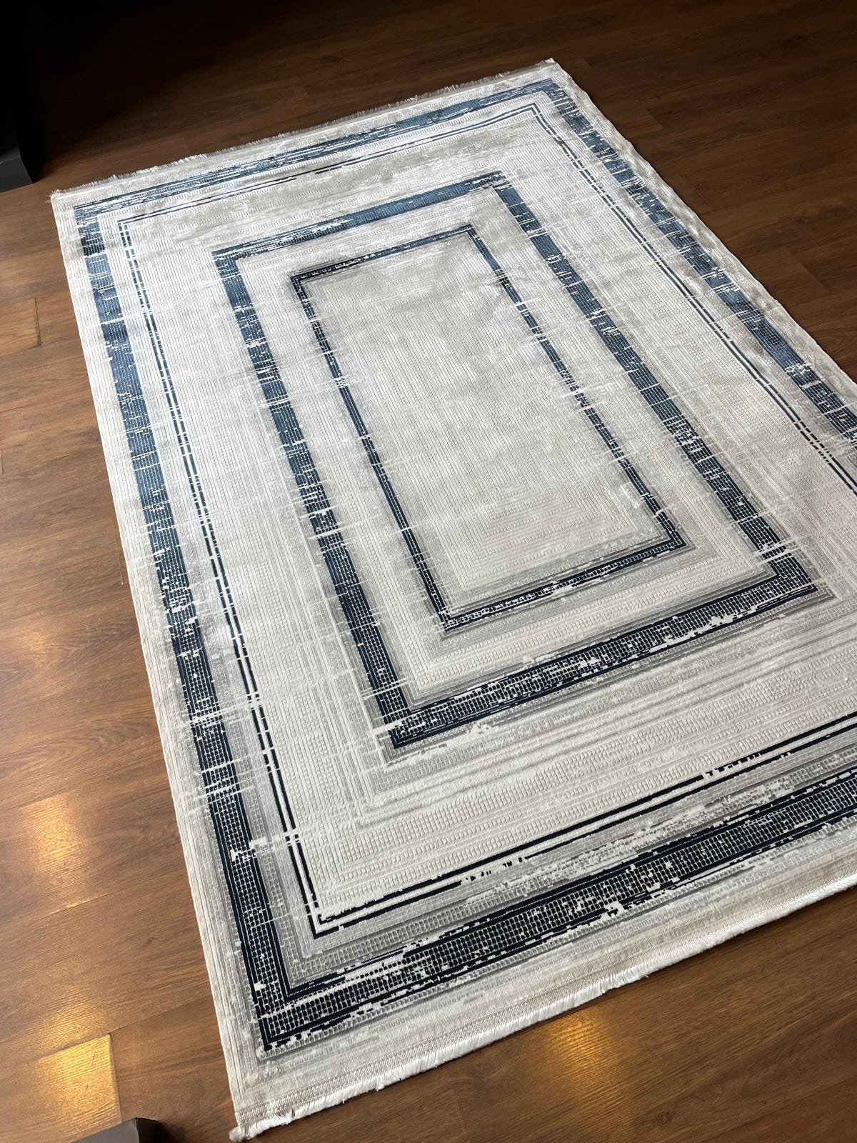 Modern Geometric Navy Blue Gray Area Rug | Distressed Frame Soft Indoor Carpet