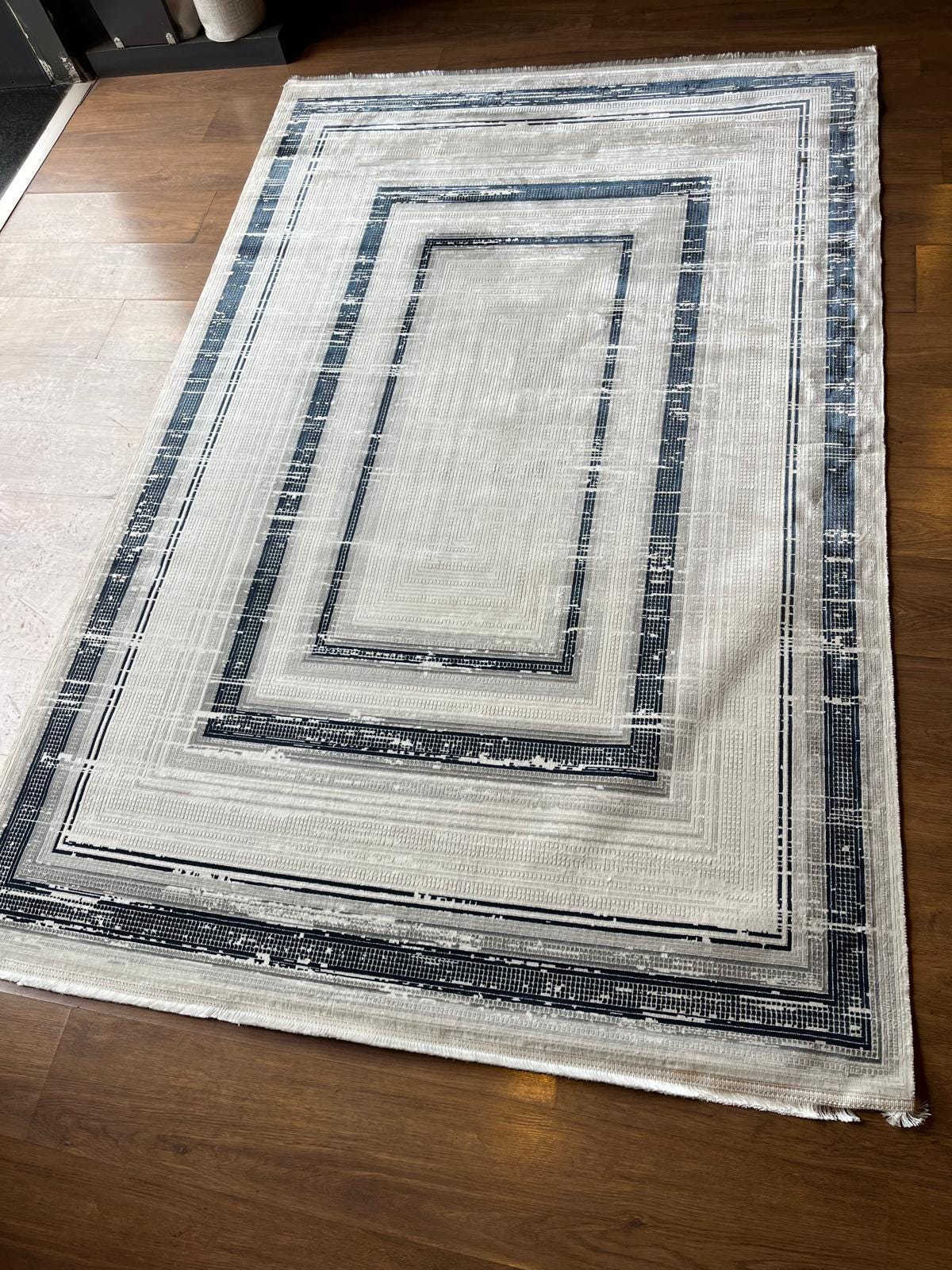 Modern Geometric Navy Blue Gray Area Rug | Distressed Frame Soft Indoor Carpet