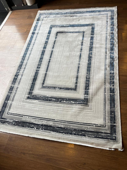 Modern Geometric Navy Blue Gray Area Rug | Distressed Frame Soft Indoor Carpet