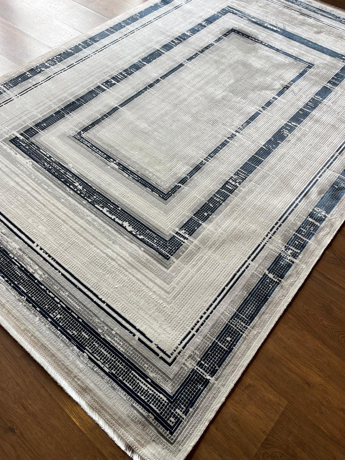 Modern Geometric Navy Blue Gray Area Rug | Distressed Frame Soft Indoor Carpet