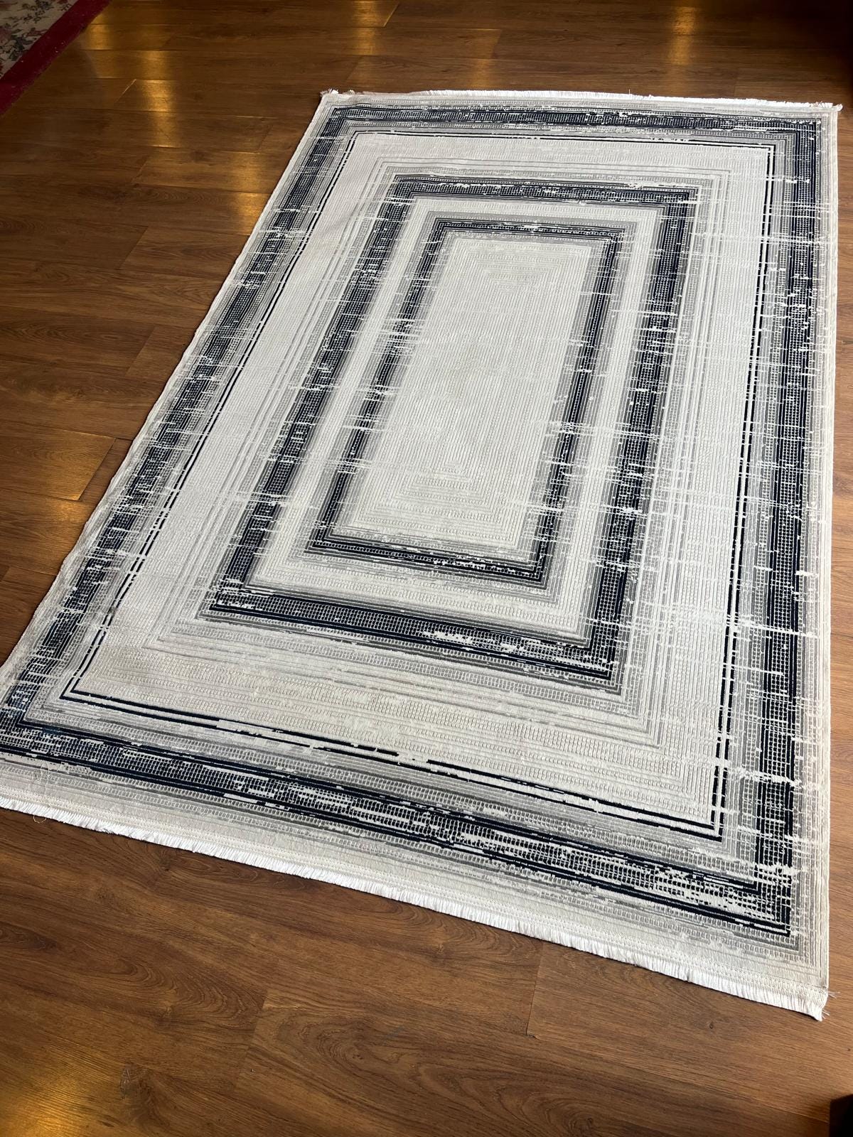 Modern Geometric Navy Blue Gray Area Rug | Distressed Frame Soft Indoor Carpet