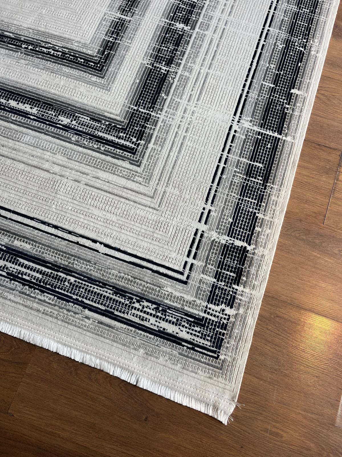 Modern Geometric Navy Blue Gray Area Rug | Distressed Frame Soft Indoor Carpet
