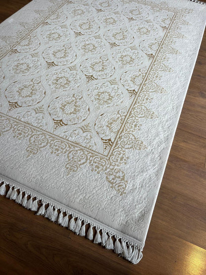 Cream Gold Islamic Damask Area Rug – 160x230cm Turkish Motif Living Room Carpet