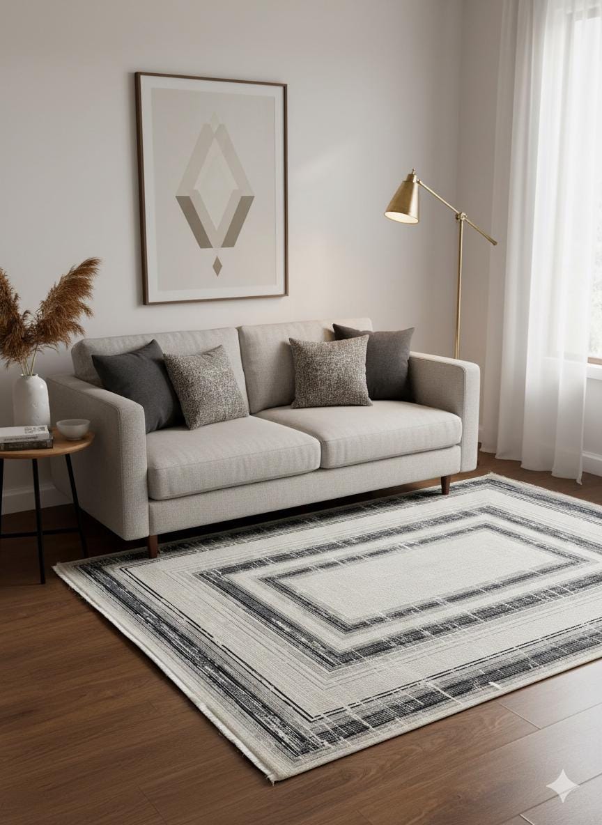 Modern Geometric Navy Blue Gray Area Rug | Distressed Frame Soft Indoor Carpet