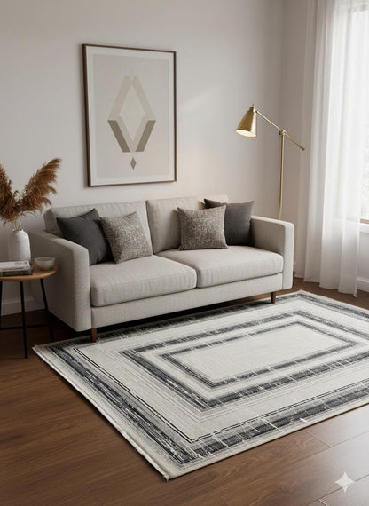Modern Geometric Navy Blue Gray Area Rug | Distressed Frame Soft Indoor Carpet
