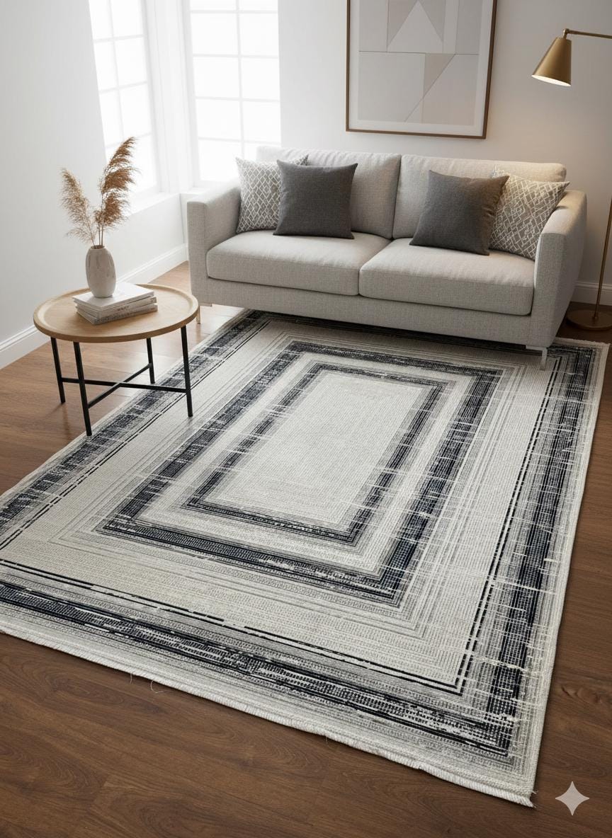 Modern Geometric Navy Blue Gray Area Rug | Distressed Frame Soft Indoor Carpet