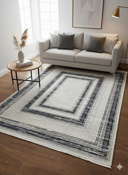 Modern Geometric Navy Blue Gray Area Rug | Distressed Frame Soft Indoor Carpet