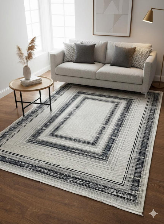 Modern Geometric Navy Blue Gray Area Rug | Distressed Frame Soft Indoor Carpet