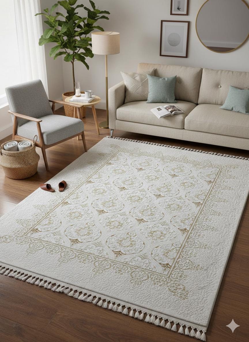 Cream Gold Islamic Damask Area Rug – 160x230cm Turkish Motif Living Room Carpet