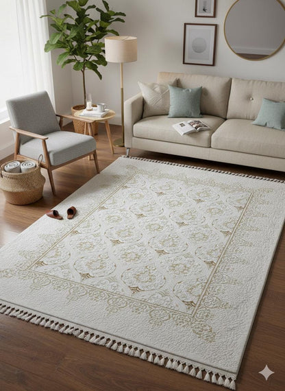 Cream Gold Islamic Damask Area Rug – 160x230cm Turkish Motif Living Room Carpet