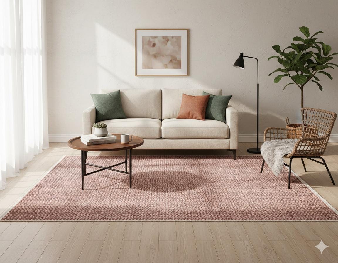 Dusty Rose Chunky Knit Print Area Rug – Washable Boho Faux Wool Weave Home Decor
