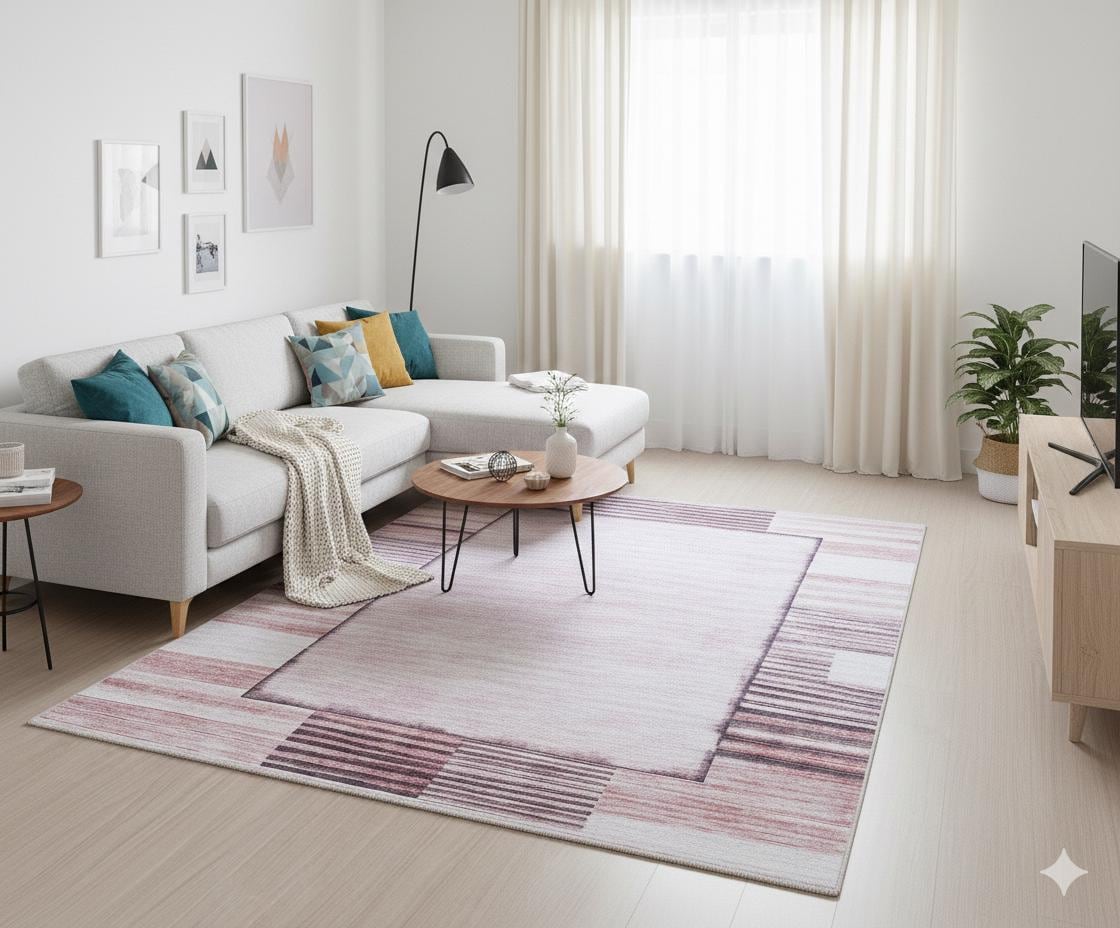 Distressed Terracotta Mauve Geometric Area Rug – Boho Low Pile Carpet