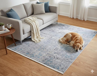 Distressed Blue Silver Abstract Area Rug, Modern Boho Faded Living Room Carpet