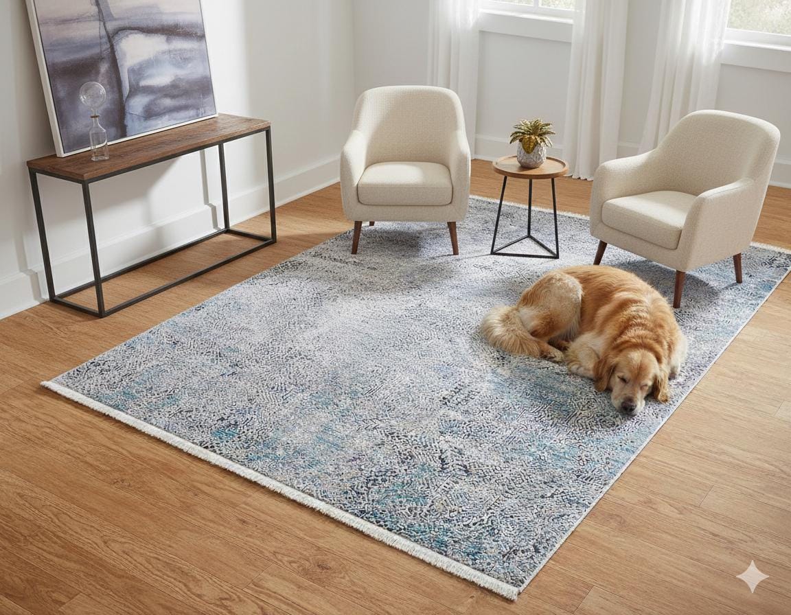 Distressed Blue Silver Abstract Area Rug, Modern Boho Faded Living Room Carpet