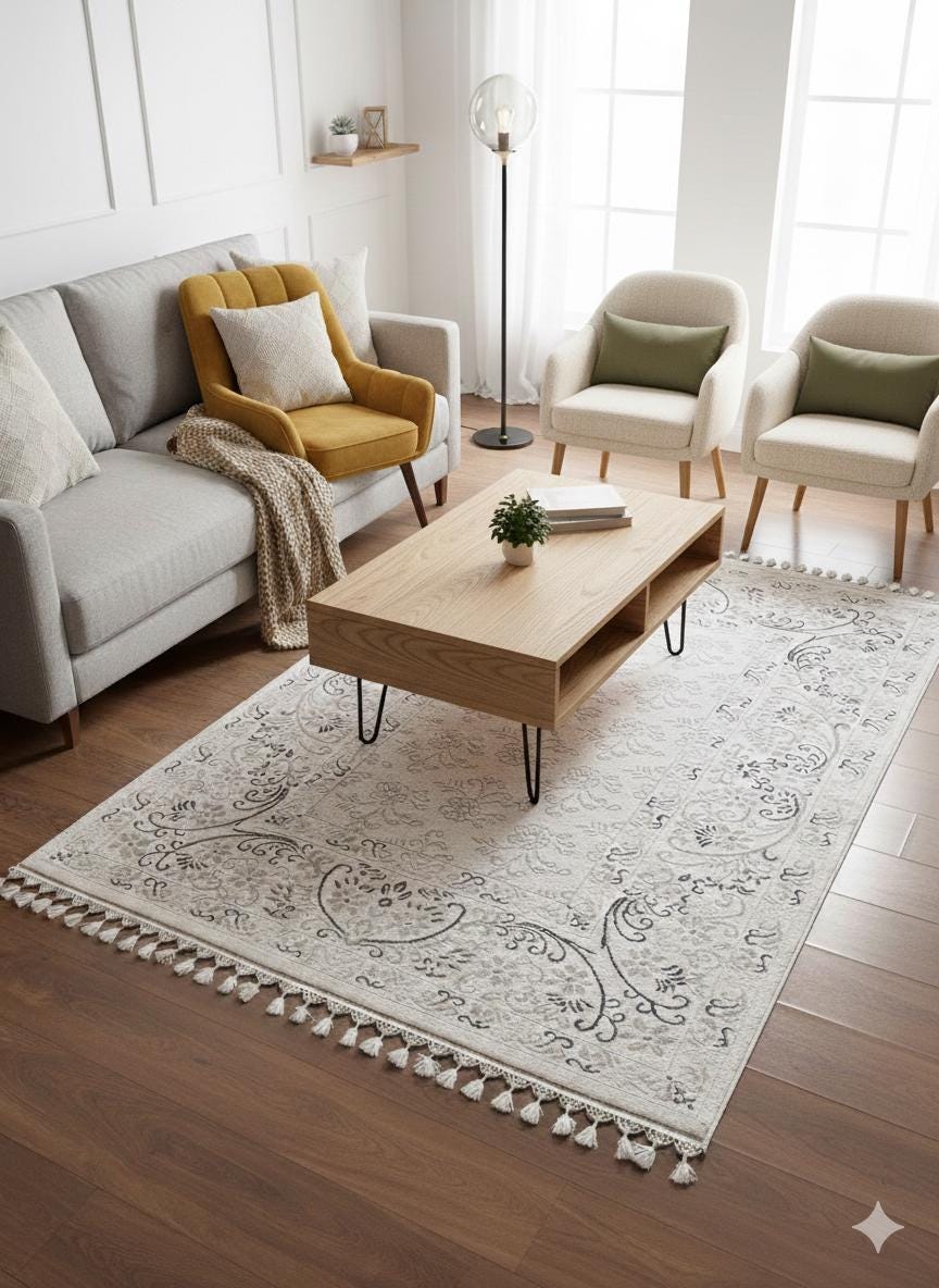 Cream Floral Area Rug with Tassels, Boho Neutral Living Room, Vintage Farmhouse Bedroom Rug