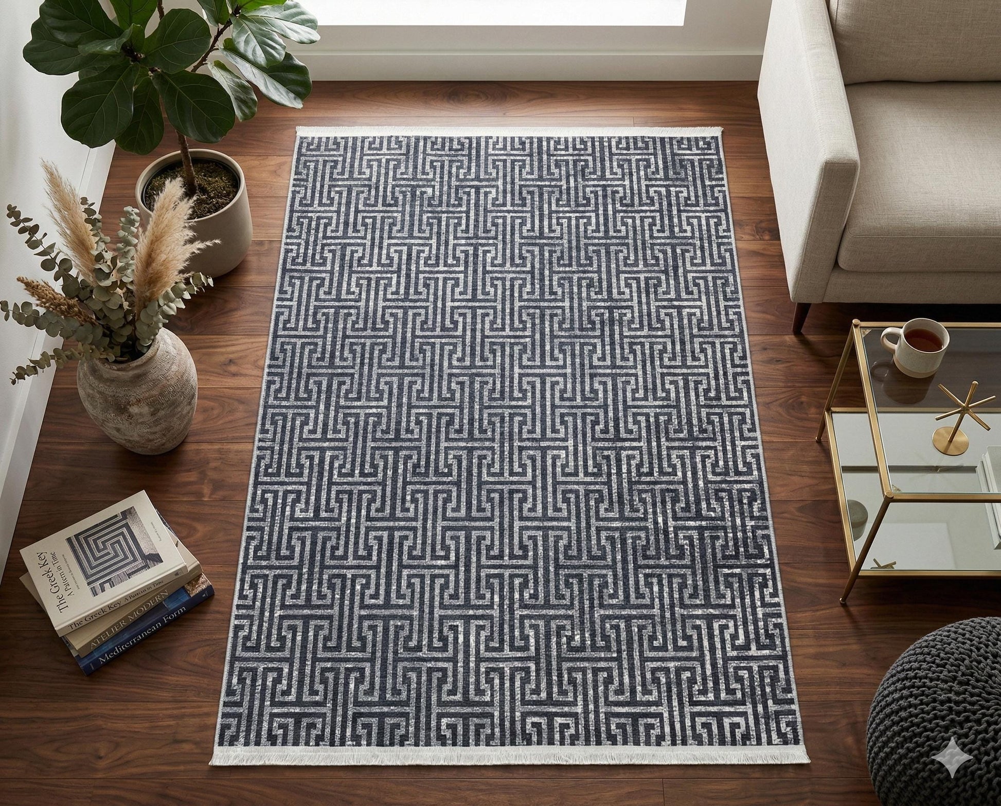 Washable Greek Key Area Rug – Navy Blue Meander Carpet, Non-Slip Low Pile