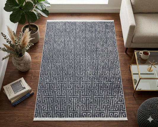 Washable Greek Key Area Rug – Navy Blue Meander Carpet, Non-Slip Low Pile