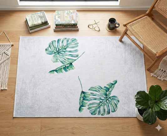Large Monstera Leaf Area Rug – Watercolor Botanical Tropical Decor, Boho Floor Mat