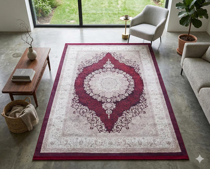 Washable Persian Medallion Rug – Burgundy Cream Distressed Traditional Carpet