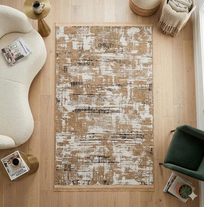 Distressed Gold Ivory Abstract Cotton Rug – Washable Boho Area Carpet