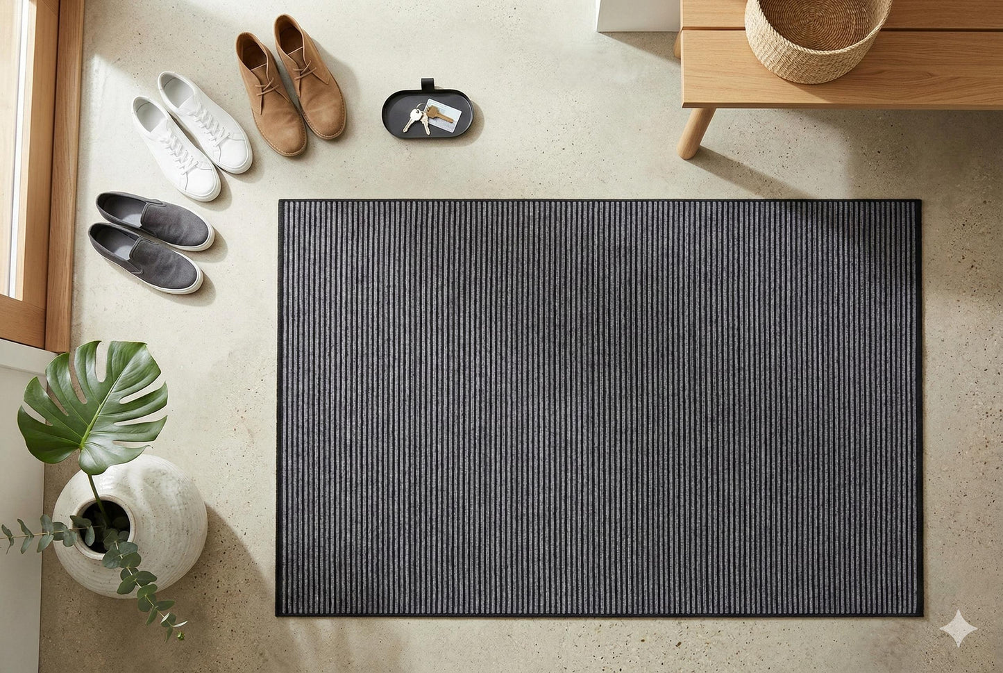 Modern Black Striped Rug, Washable Cotton Carpet