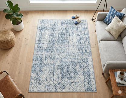 Distressed Blue Boho Area Rug, Washable Vintage Farmhouse Carpet