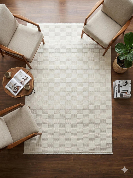 Modern Checkerboard Texture Rug, 5x7 Cream Contemporary Area Carpet (160x230cm)