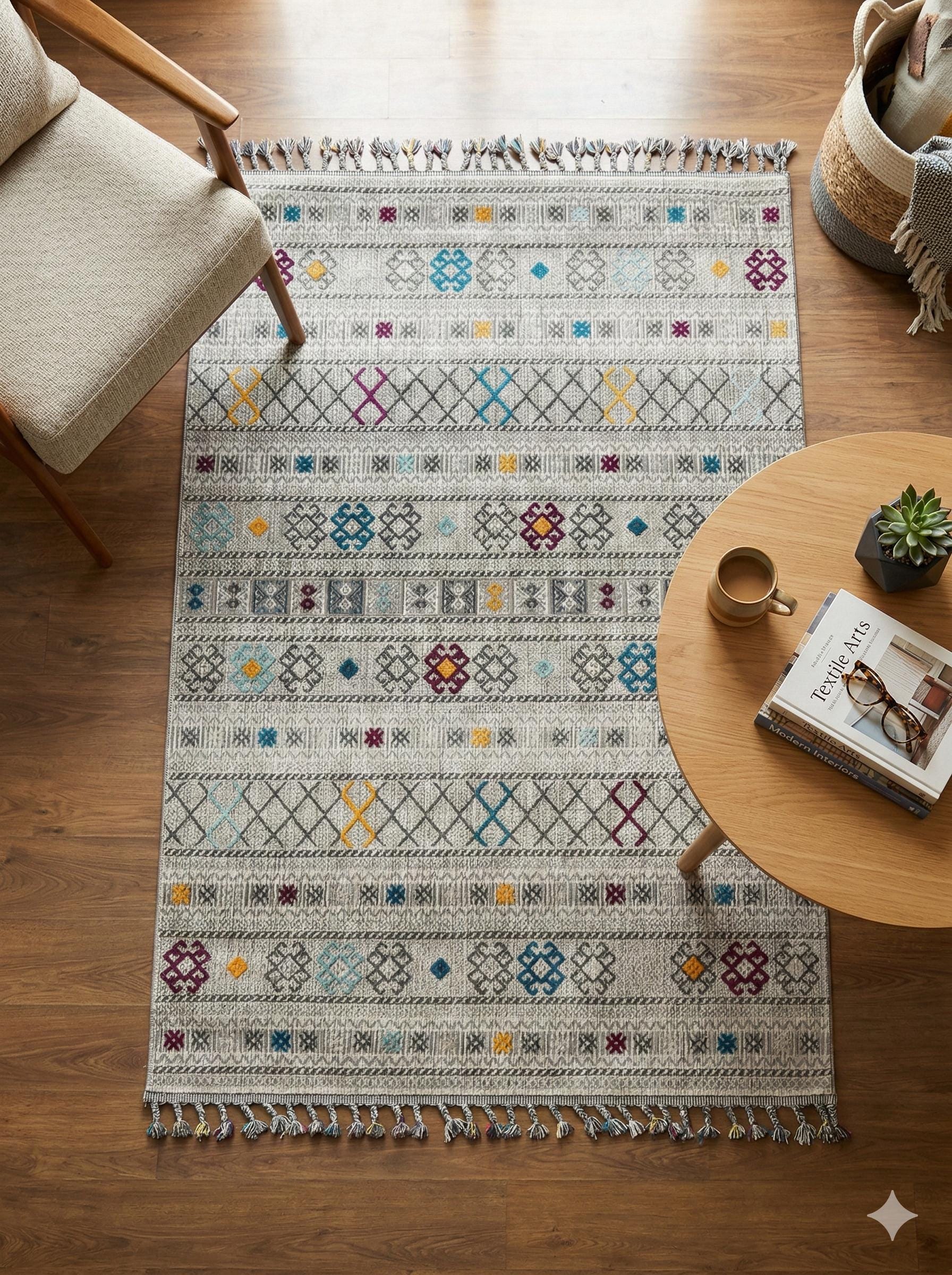 Gray Textured Geometric Carpet with Tassels, Minimalist Scandi Home Decor, Neutral Living Room Rug.