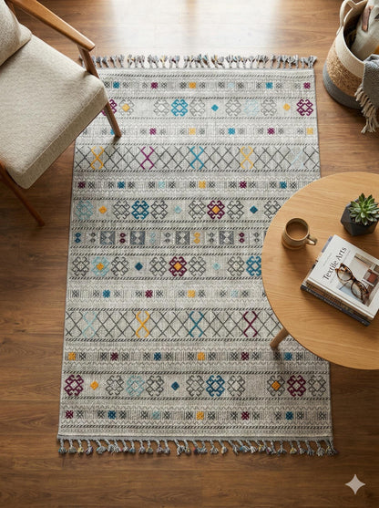 Gray Textured Geometric Carpet with Tassels, Minimalist Scandi Home Decor, Neutral Living Room Rug.