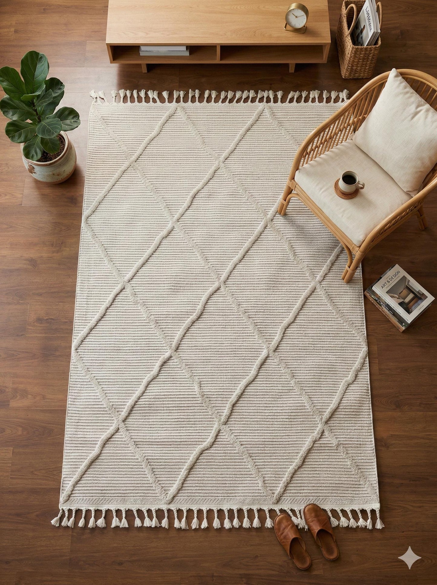 White Textured Geometric Carpet with Tassels, Minimalist Scandi Home Decor, Neutral Living Room Rug.