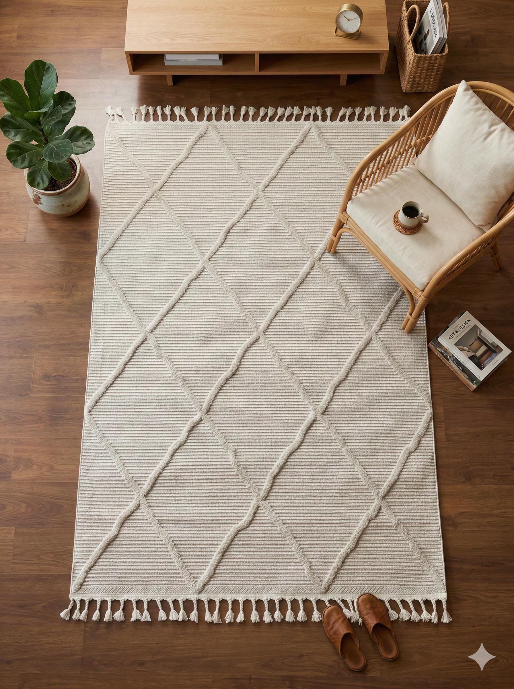 White Textured Geometric Carpet with Tassels, Minimalist Scandi Home Decor, Neutral Living Room Rug.
