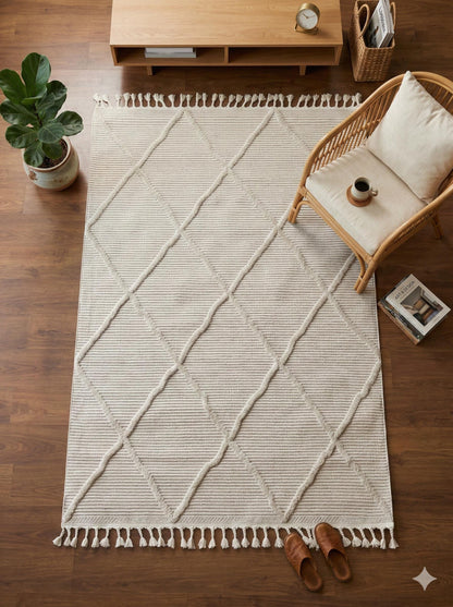 White Textured Geometric Carpet with Tassels, Minimalist Scandi Home Decor, Neutral Living Room Rug.