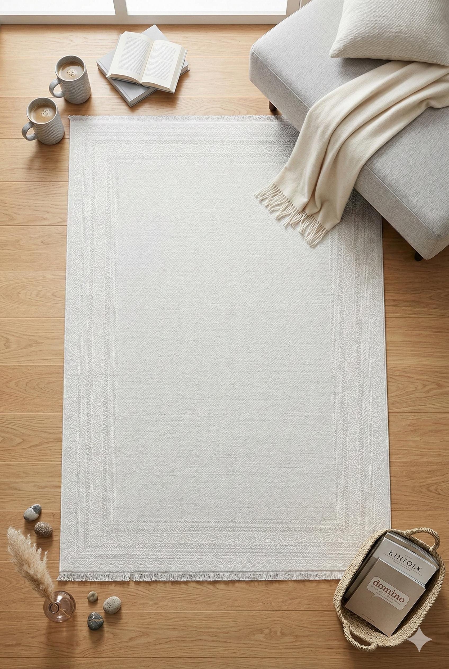 Modern White Texture Rug, 5x7 Cream Contemporary Area Carpet (160x230cm)